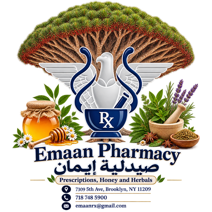 Emaan Pharmacy logo with dragon blood tree, dove and Rx mortar